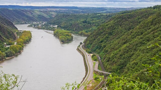 Beautiful viewpoint above the Rhine River Valley on a cloudy summer day, Germany