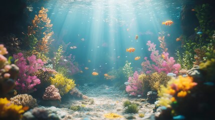 Naklejka premium A vibrant underwater scene featuring colorful corals and fish illuminated by sunlight filtering through the water.