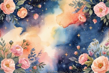 Celestial Background with Elegant Watercolor Shades and Vintage Peach Border Design