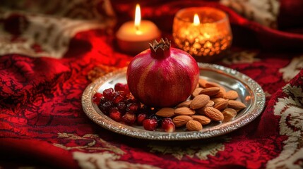 A pomegranate on a silver tray with almonds and dried fruits, symbolizing abundance and renewal in Nowruz traditions.