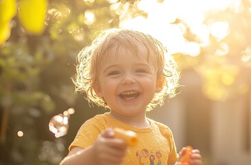 A young child joyfully playing with a water gun in the garden, laughing and splashing under the sunlight