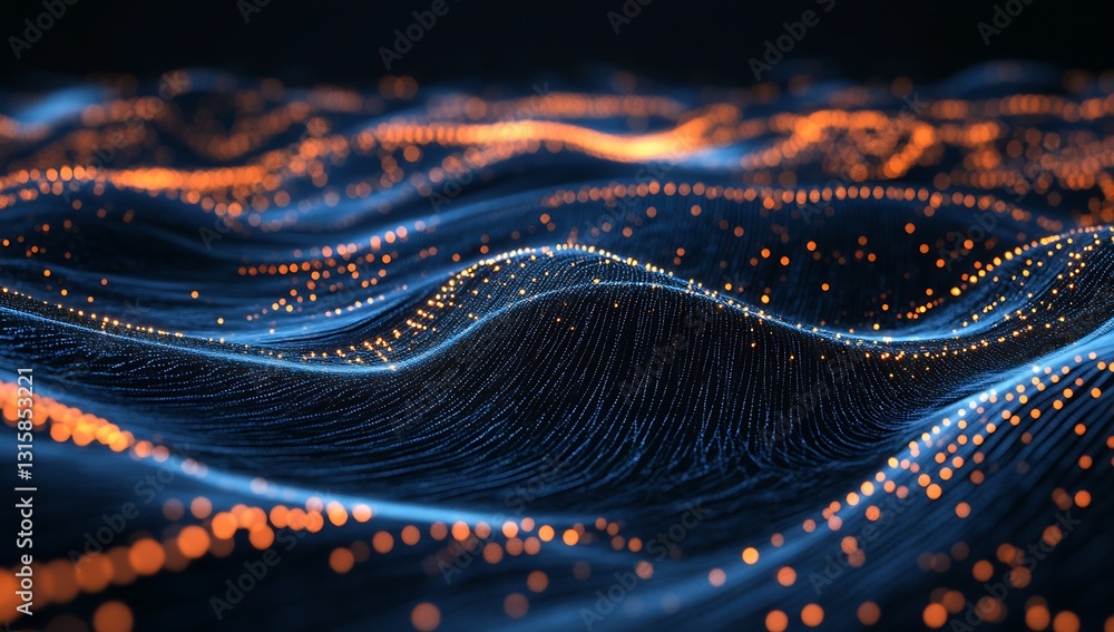 Poster stunning abstract representation of flowing waves with glowing particles in blue and orange colors :