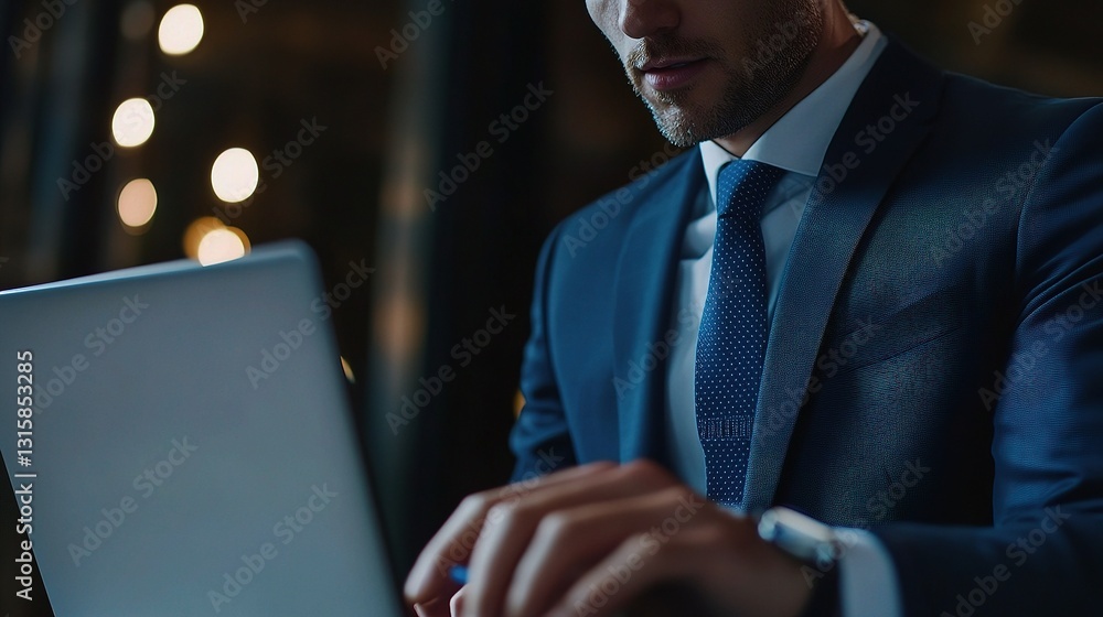 Poster professional man using laptop for ai chatbot interface development