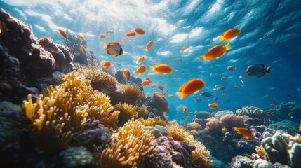 Naklejka premium A vibrant underwater scene showcasing colorful fish swimming among coral reefs illuminated by sunlight filtering through the water.