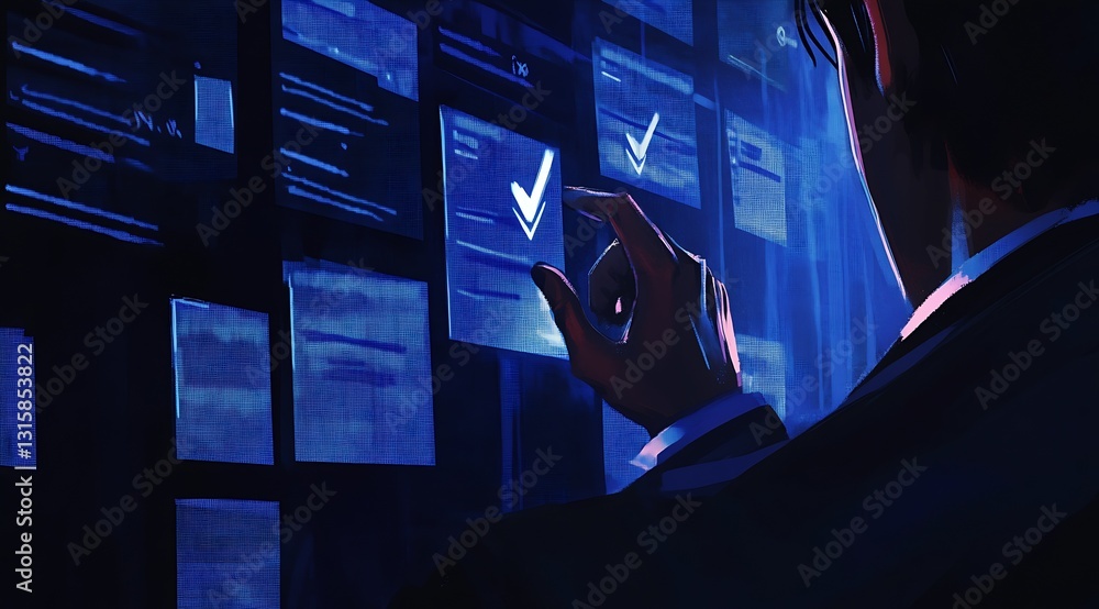 Poster Businessman interacting with a digital task management interface in a modern workspace : Generative AI