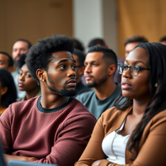 Obraz premium African male listening to presentation in diverse adult audience