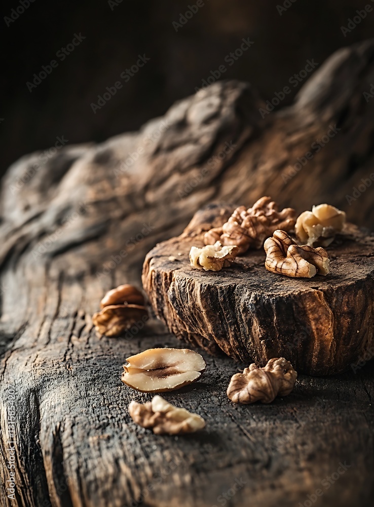 Poster beautifully arranged walnuts and flavors on rustic wooden background with rich texture : generative 