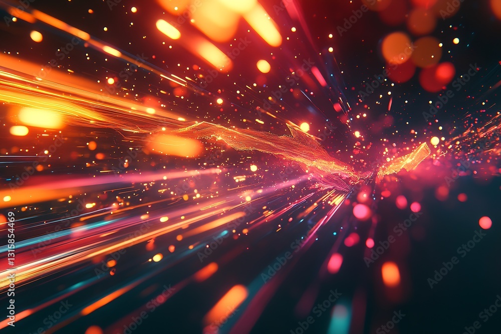 Poster explosive burst of colorful light trails in bright orange and blue depicting energy flow and digital
