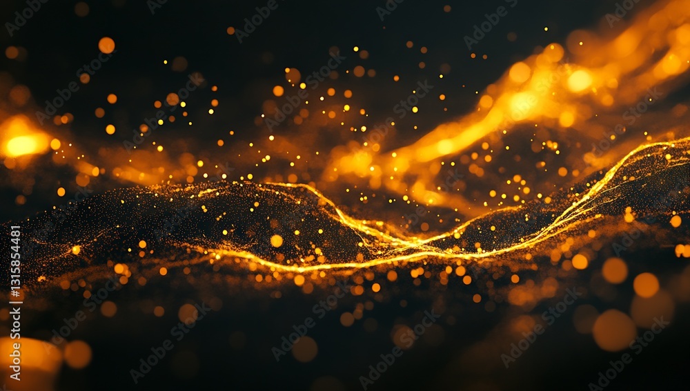 Poster Stunning abstract visual of glowing golden particles creating wave patterns in dark space : Generative AI