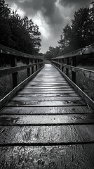 Obraz premium Moody Black and White Scenic Bridge Walkway in Rainy Forest Path – Tranquil Adventure and Scenic Journey Through Misty Nature Trail