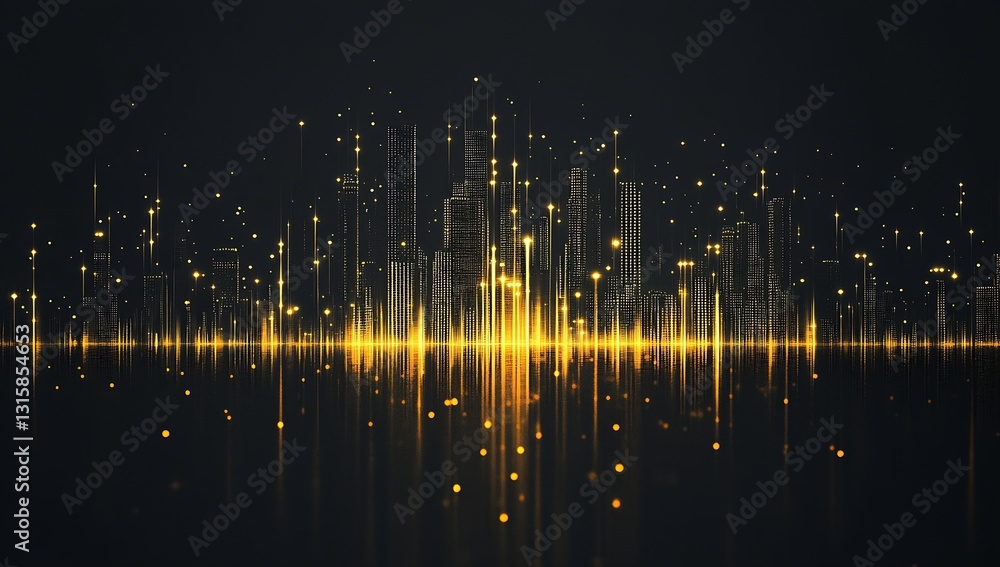 Poster Golden light particles create an urban skyline silhouette in a striking modern abstract background : Generative AI