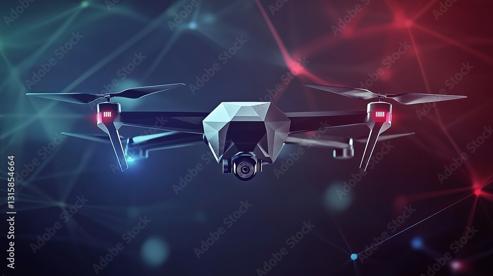 Poster low polygon drone design on dark background with colorful lines