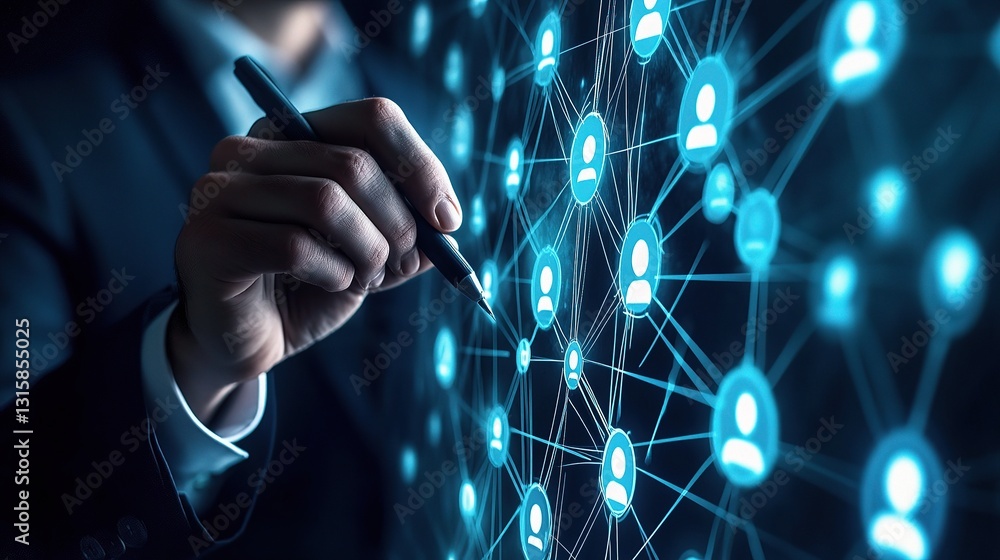 Poster businessman creating global networking structure with digital drawing