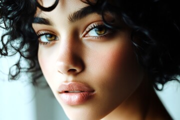 Fototapeta premium Short trim - curly hair. Stunning calm mixed-race girl - for ads, brochure and social apps use. Commercial marketing visual idea. Colored girl concept. Advertising concept shoot. Colored gir.