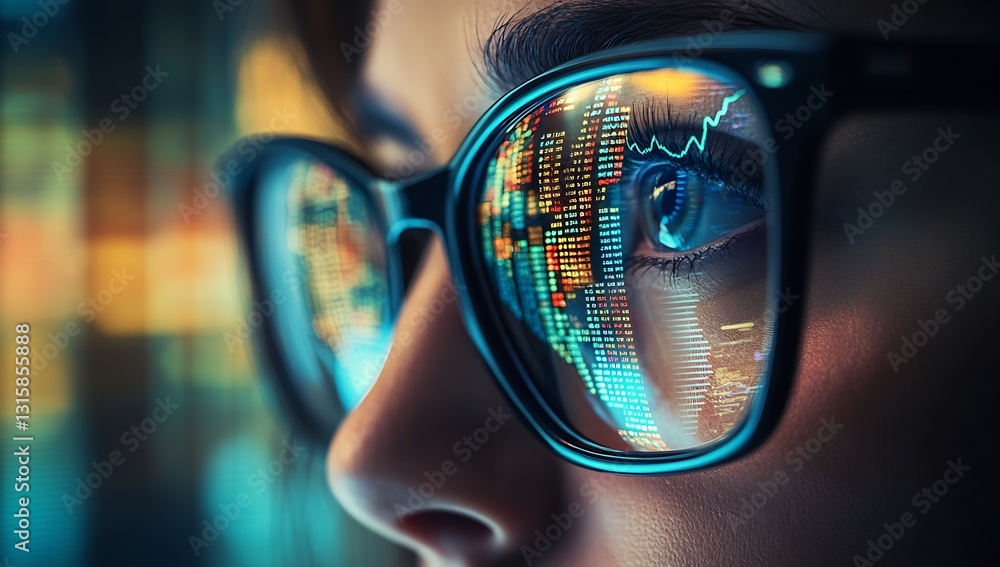 Aufkleber close-up view of a person wearing glasses with financial data reflecting in the lenses showcasing an
