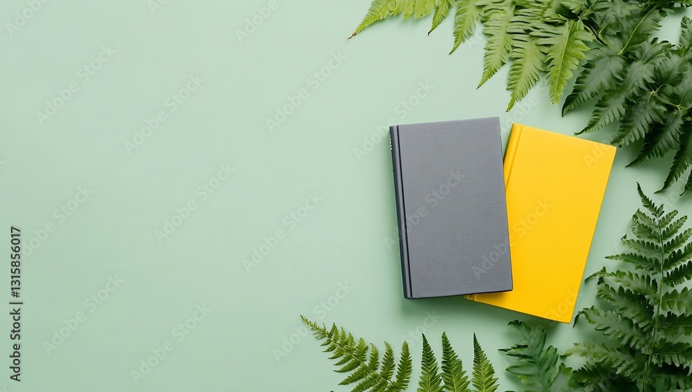 Poster stylish arrangement of yellow and gray notebooks surrounded by lush greenery on a pale green backgro