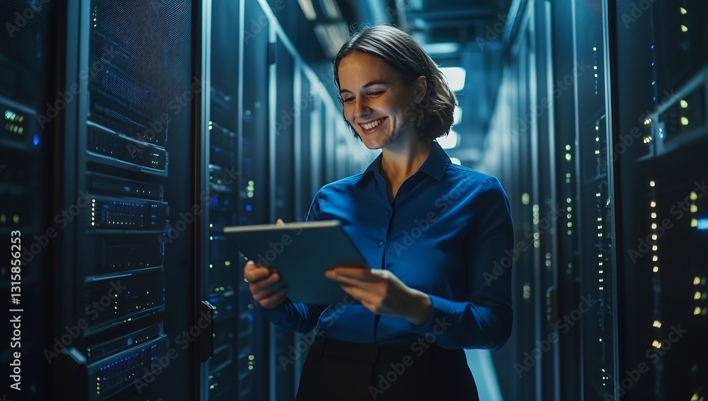 Leinwandbilder Smiling woman using tablet to manage server infrastructure in a dark data center : Generative AI