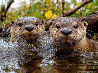 Two curious otters emerge from a pond, droplets of water dancing around them as they enjoy a playful moment, framed by vibrant plants and a clear blue sky.