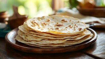Flavorful Pile of Flatbread on a Round Wooden Plate in a Cozy Dining Setting : Generative AI