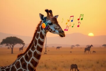 A Giraffe Enjoys Sunset Melodies While Wearing Vibrant Headphones in a Serene Savanna Landscape