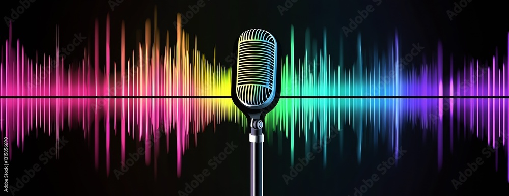 Poster Vibrant microphone against colorful sound wave backdrop illustrating audio performance : Generative AI