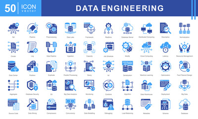 Data Engineering icon set featuring icons for data processing, pipelines, cloud computing, machine learning, and big data management. Ideal for IT, analytics, and database infrastructure projects.