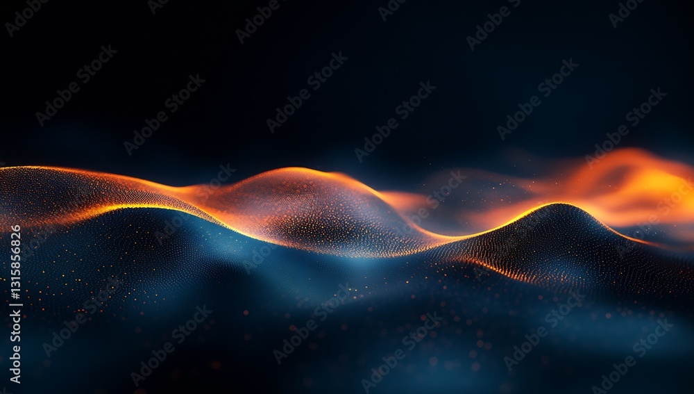 Poster Soft Flowing Waves with Glowing Particles in a Dark Abstract Background : Generative AI