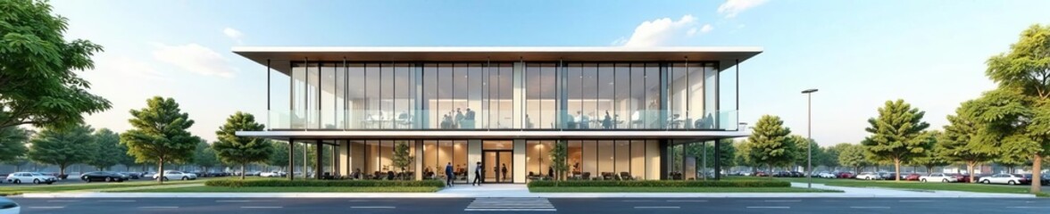 Fototapeta premium Architectural drawing of modern office city building with glass facade and landscaping, office, urban