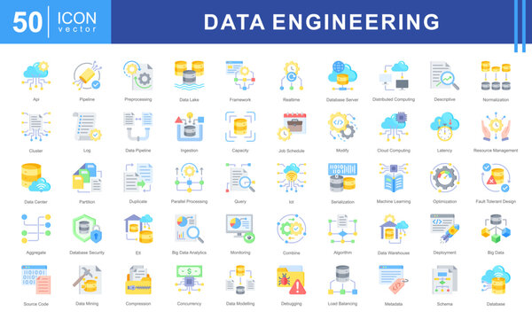 Data Engineering icon set featuring icons for data processing, pipelines, cloud computing, machine learning, and big data management. Ideal for IT, analytics, and database infrastructure projects.