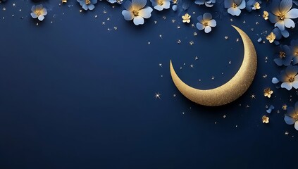 Naklejka premium Elegant design featuring a golden crescent moon surrounded by delicate blue flowers on a dark backdrop : Generative AI