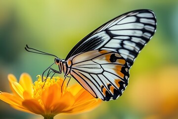 Fototapeta premium Paper Kite Butterfly with Black and White Wings Feeding on an Orange Flower, Close-Up