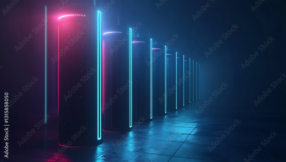 Poster futuristic digital landscape with illuminated column structures showcasing neon lights and technolog