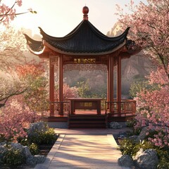 Fototapeta premium a beautiful oriental style gazebo in a garden setting with cherry blossoms.