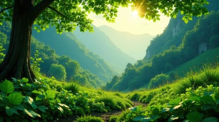 Obraz premium Serene Sunrise Over Lush Green Mountain Valley, A Path Beckons Through Vibrant Foliage, Sunlight Filtering Through Canopy