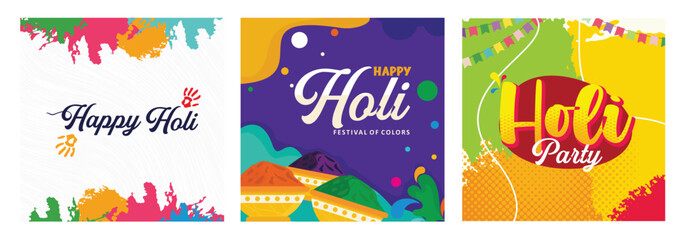Posters, greeting cards and invitations celebrating the colorful festival of Holi in India.