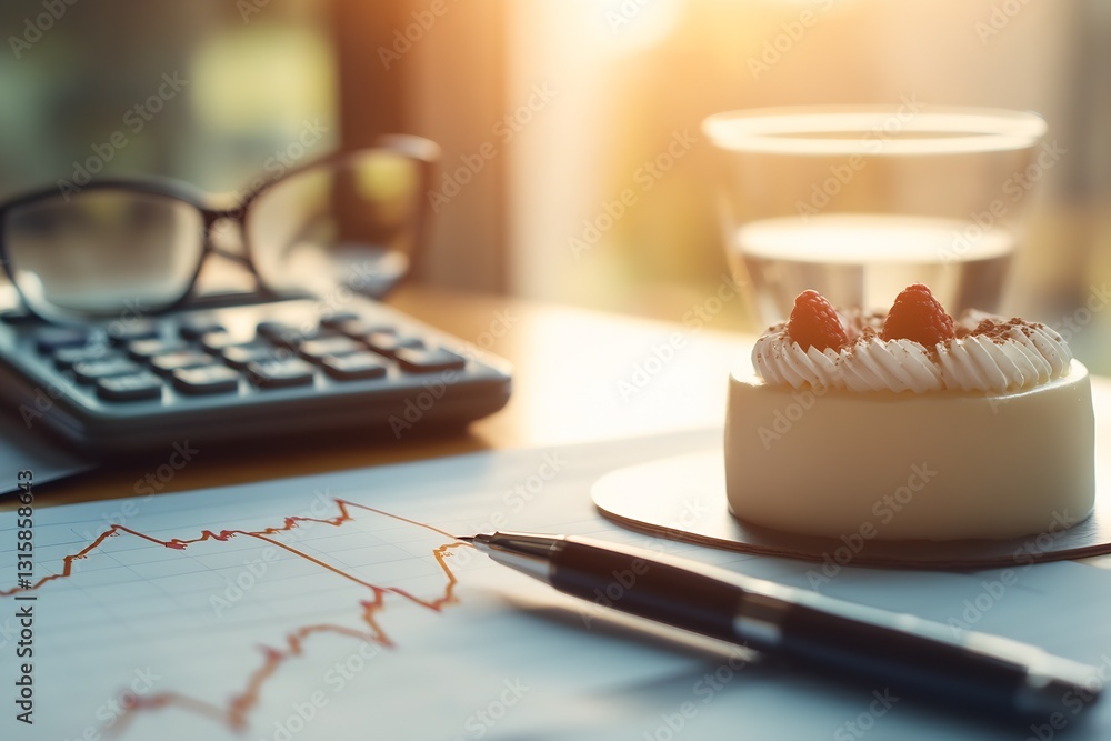 Aufkleber afternoon workspace with dessert and market trend analysis chart showing business growth : generativ