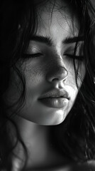Fototapeta premium Elegant Black and White Portrait of a Serene Female Model Showcasing Natural Beauty and Raw Emotion