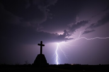 Dramatic Lightning Striking Near a Tall Cross Monument Under Dark Stormy Skies in a Rural Area, Capturing the Tension Between Nature and Spirituality