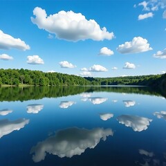 Fototapeta premium Beautiful blue sky with fluffy clouds mirrored on tranquil lake creating symmetry, lake, reflection