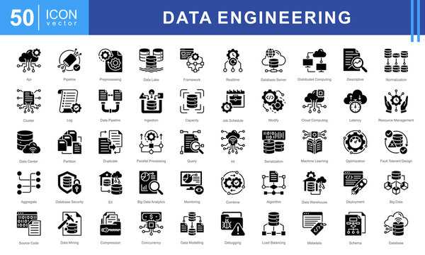 Data Engineering icon set featuring icons for data processing, pipelines, cloud computing, machine learning, and big data management. Ideal for IT, analytics, and database infrastructure projects.