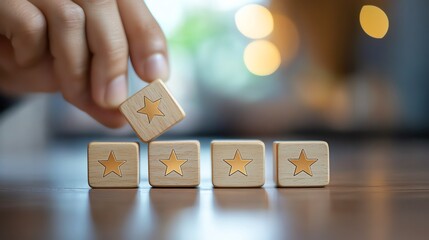 Hands selecting wooden blocks with one to fivestar icons, showcasing customer service rating, great review options, and feedback through text input in a satisfaction survey