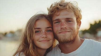 Joyful young couple embracing at sunset beach portrait photography romantic close-up love