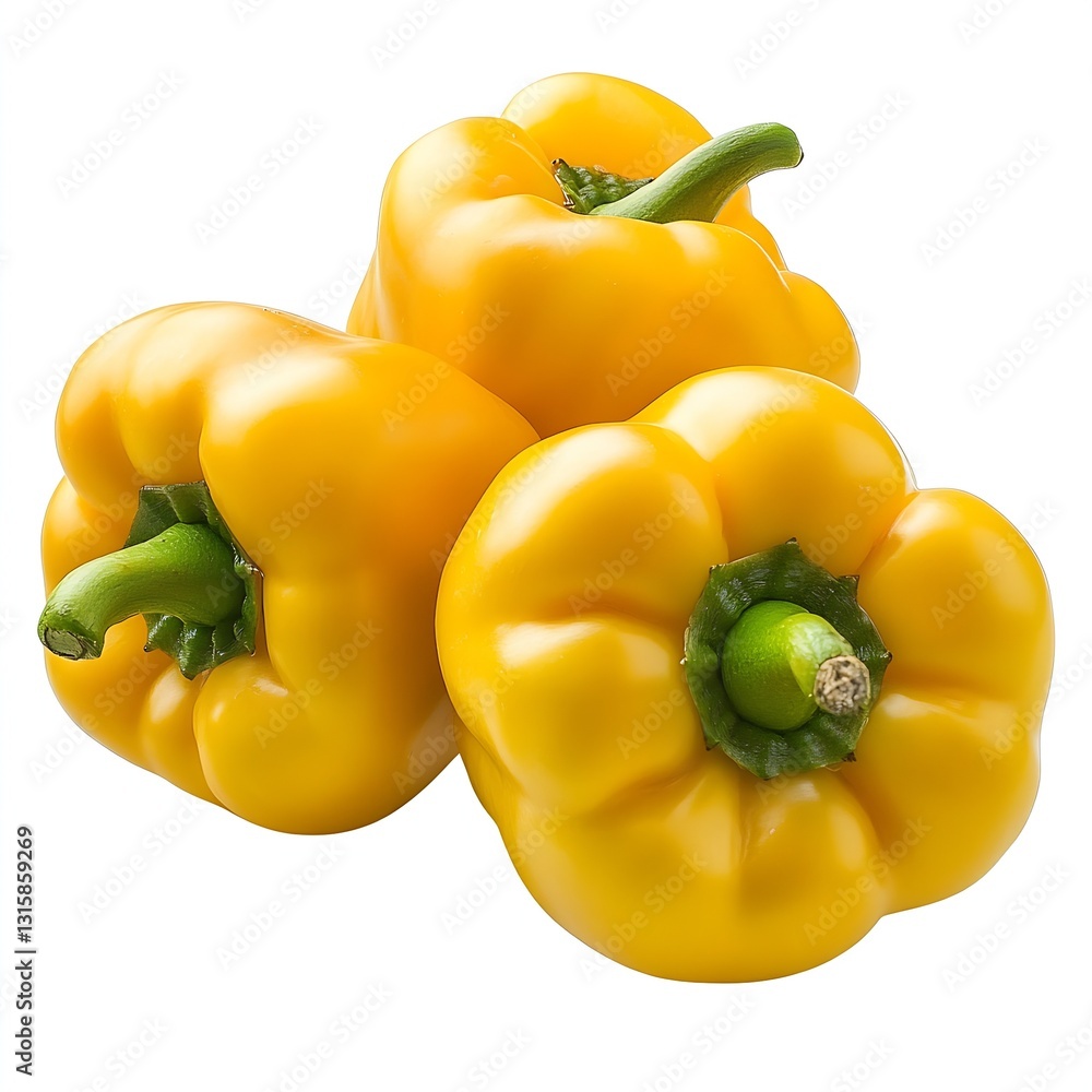 Poster three bright yellow bell peppers arranged on a white background highlighting their vibrant color and