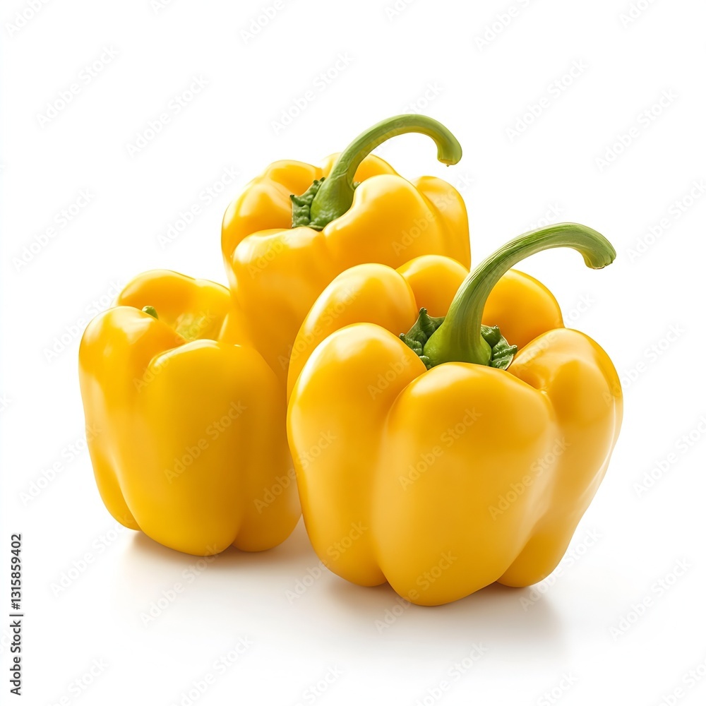 Poster three glossy yellow bell peppers artfully arranged on a white surface emphasizing freshness and qual