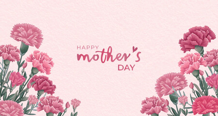 Carnation banner design with a soft watercolor style, celebrating the beautiful moments of Mother's Day. Vector illustration.