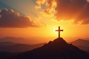 A Radiant Sunset Behind a Cross on a Mountain Top, Symbolizing Faith and Hope in Nature's Splendor