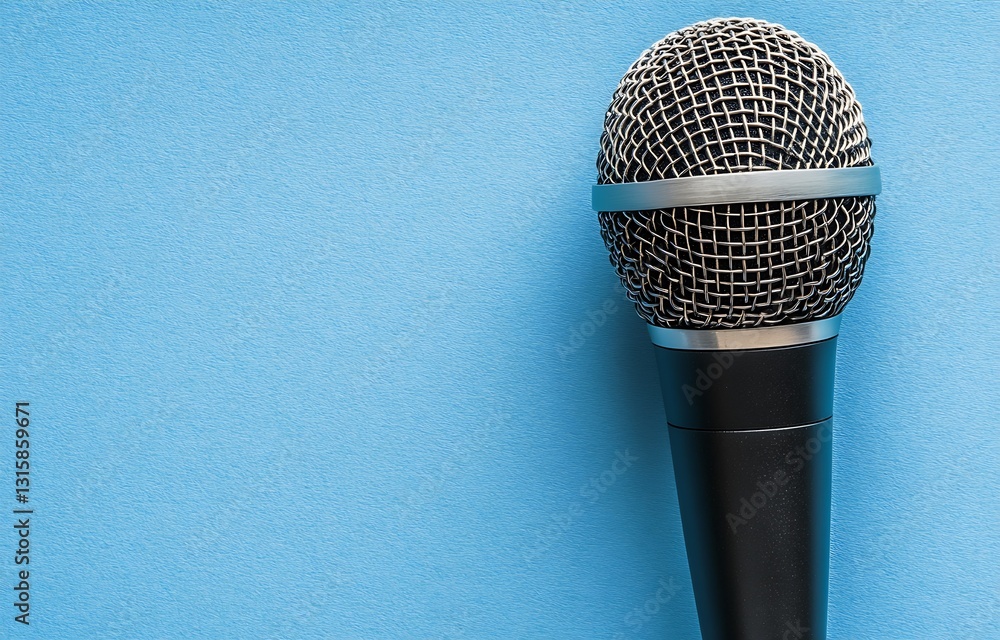 Poster Close up of a shiny microphone on a blue background showcasing vibrant colors and textures : Generative AI