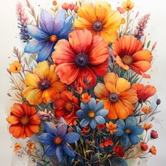 Fototapeta premium Vibrant botanical watercolor painting, detailed florals with a modern artistic twist, warm and fresh color palette