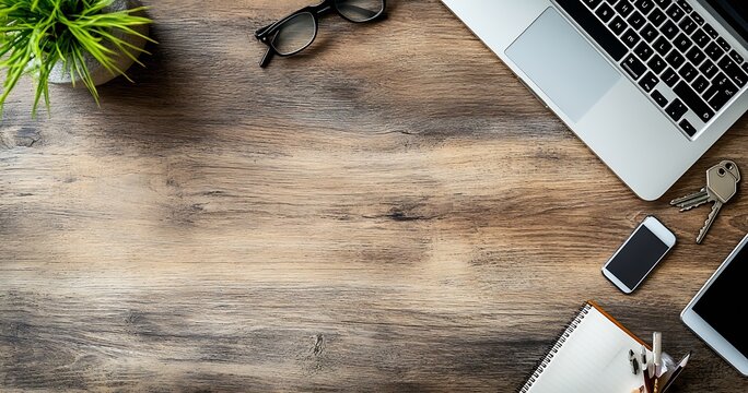 Modern workspace layout with laptop glasses notebook keys and plant on wooden desk : Generative AI