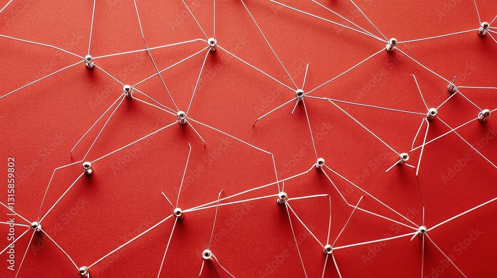 Poster abstract composition of white strings connecting on red surface